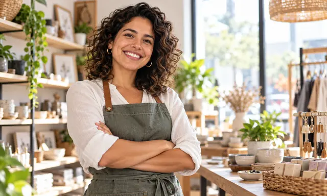 Emprendedora en su negocio revisando papeles para una solicitud de préstamo personal